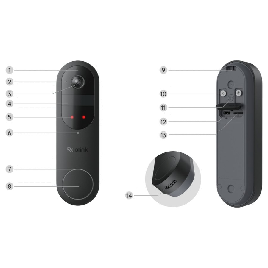 Reolink Video Doorbell (Battery) no priekšpuses, aizmugures un sāniem