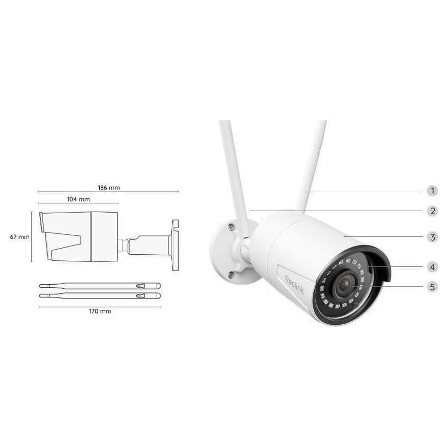 Reolink RLC-510WA skats no priekšas un izmēri