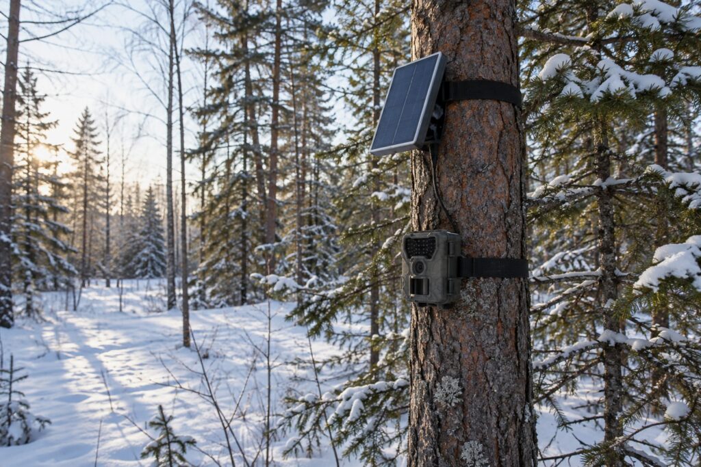 Neliels saules panelis stāvā leņķī uz koka stumbra virs meža kameras, sniegots ziemas mežs