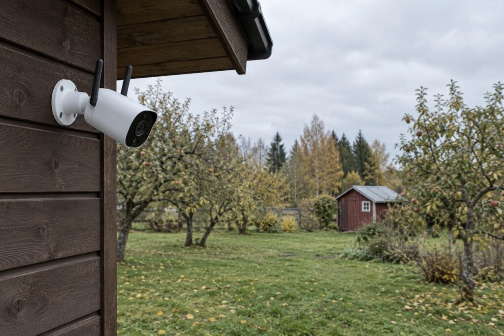 Balta WiFi novērošanas kamera ar antenām uz sienas stiprinājuma koka mājas stūrī zem jumta pārkares, fonā rudenīgs ābeļdārzs un sarkana dārza māja
